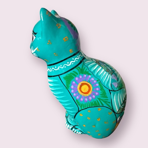 Vintage Hand Painted Ceramic Mexican Folk Art Talavera Cat Figurine With Flowers - Picture 12 of 14